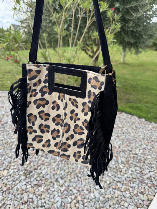 Sac en cuir 2 en 1 suédine LÉOPARD OU NOIR LAURA