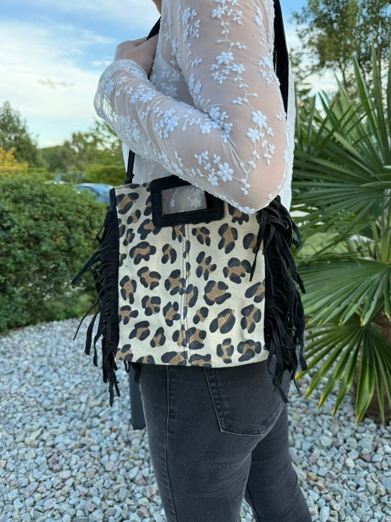 Sac en cuir 2 en 1 suédine LÉOPARD OU NOIR LAURA